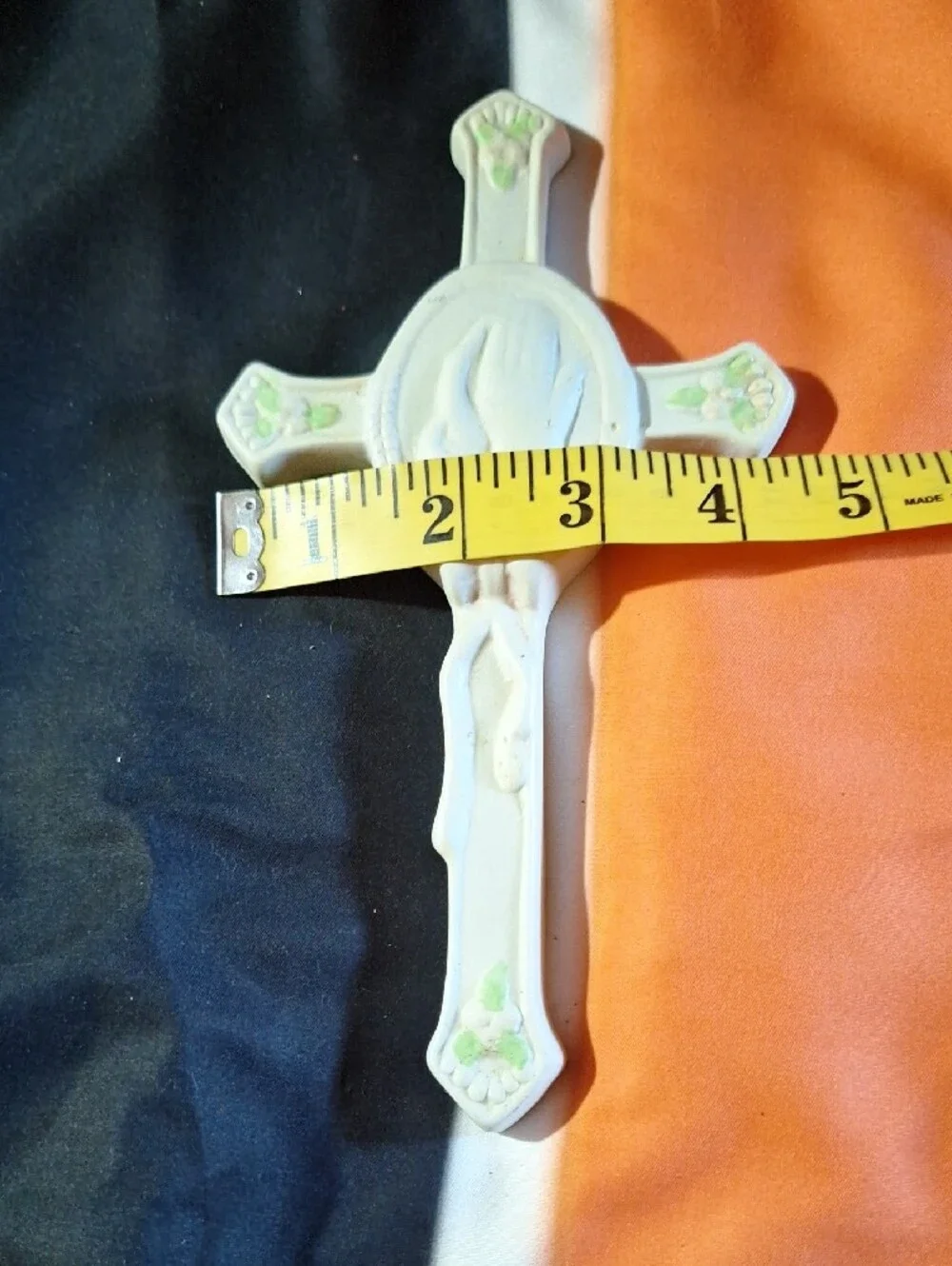 Vintage White Ceramic Crucifix Wall Cross with Subtle Green Accents